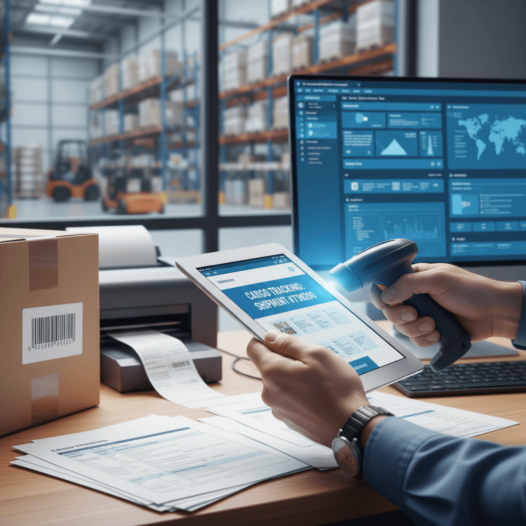 Logistics professional reviewing shipment details in a bright warehouse
