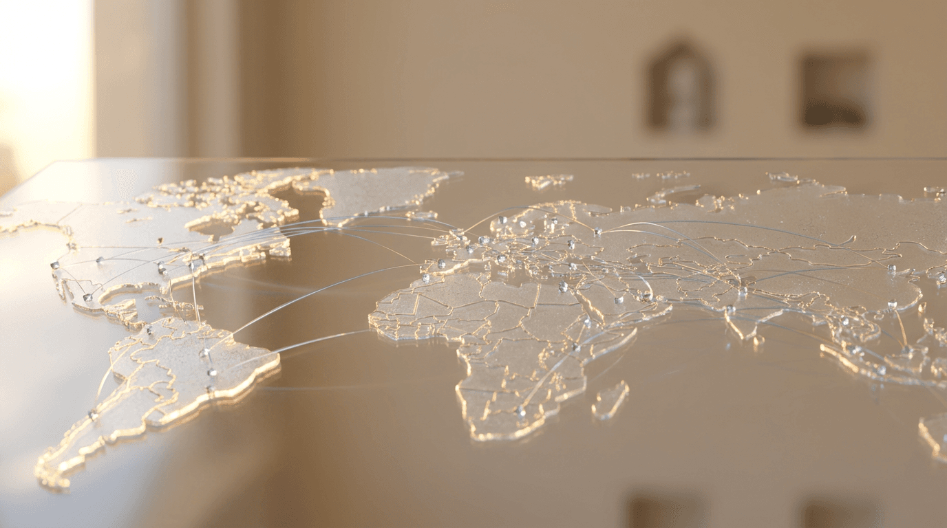 Dark navy world map centered on Southeast Asia with Kuala Lumpur, Malaysia as a large bright glowing hub in the middle of the peninsula, thin glowing shipping-route lines radiating outward across the Indian Ocean, Pacific, and Atlantic to ports in Singapore, Shanghai, Tokyo, Sydney, Dubai, Rotterdam, Hamburg, London, New York, Los Angeles, Sao Paulo, and Cape Town, routes extending fully off the map edges toward every continent, clean cartographic style with no street labels