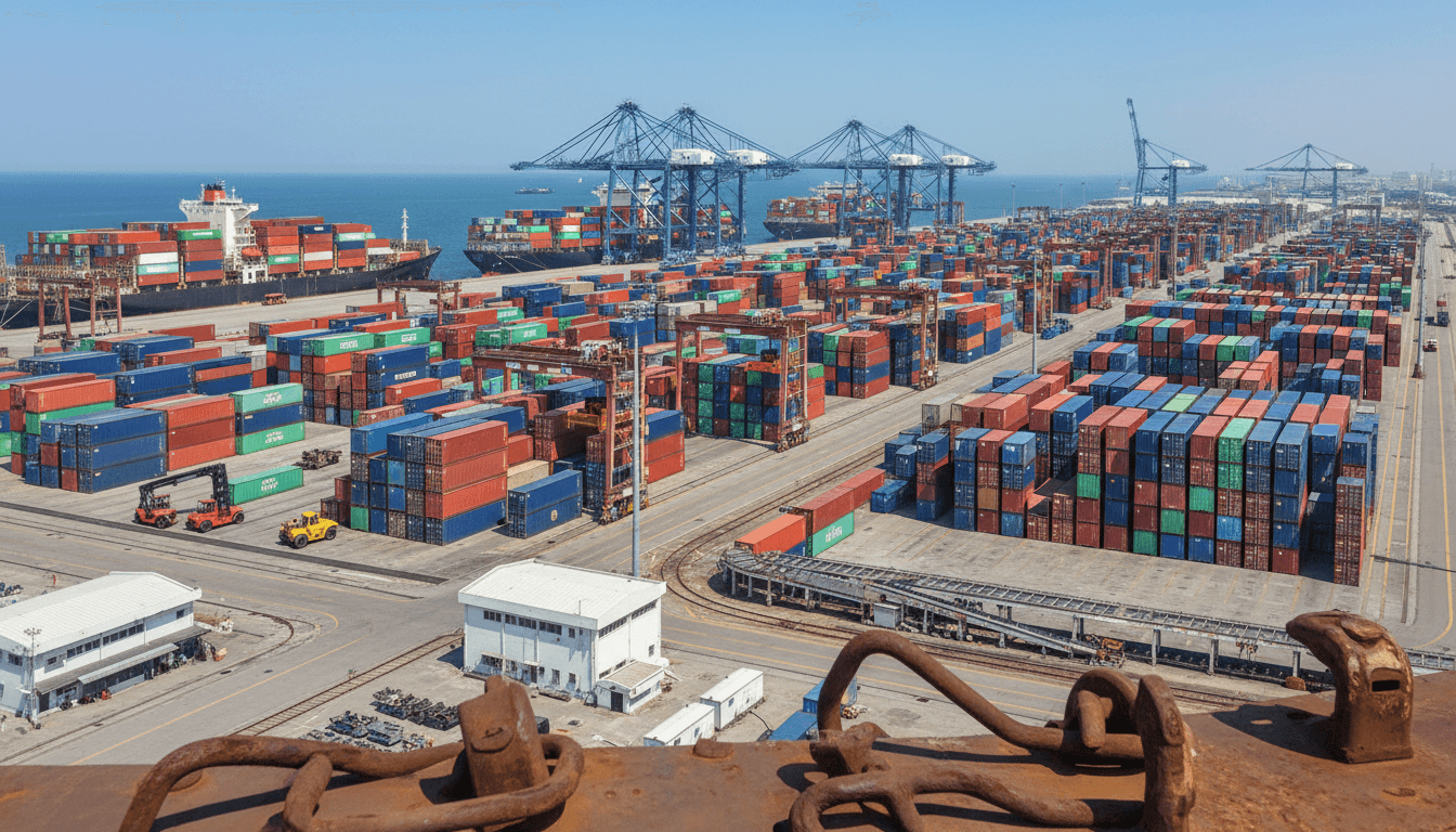 Shipping containers in a logistics yard with freight trucks