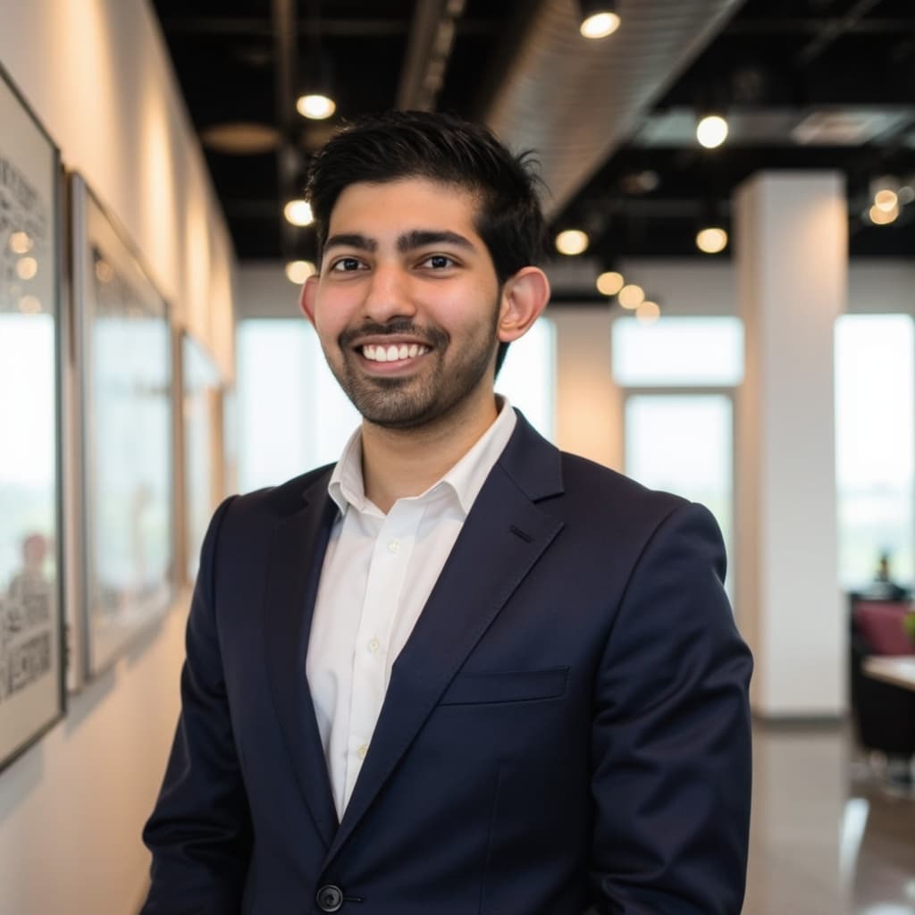 Smiling young man with a beard wearing a navy suit in a modern office.
