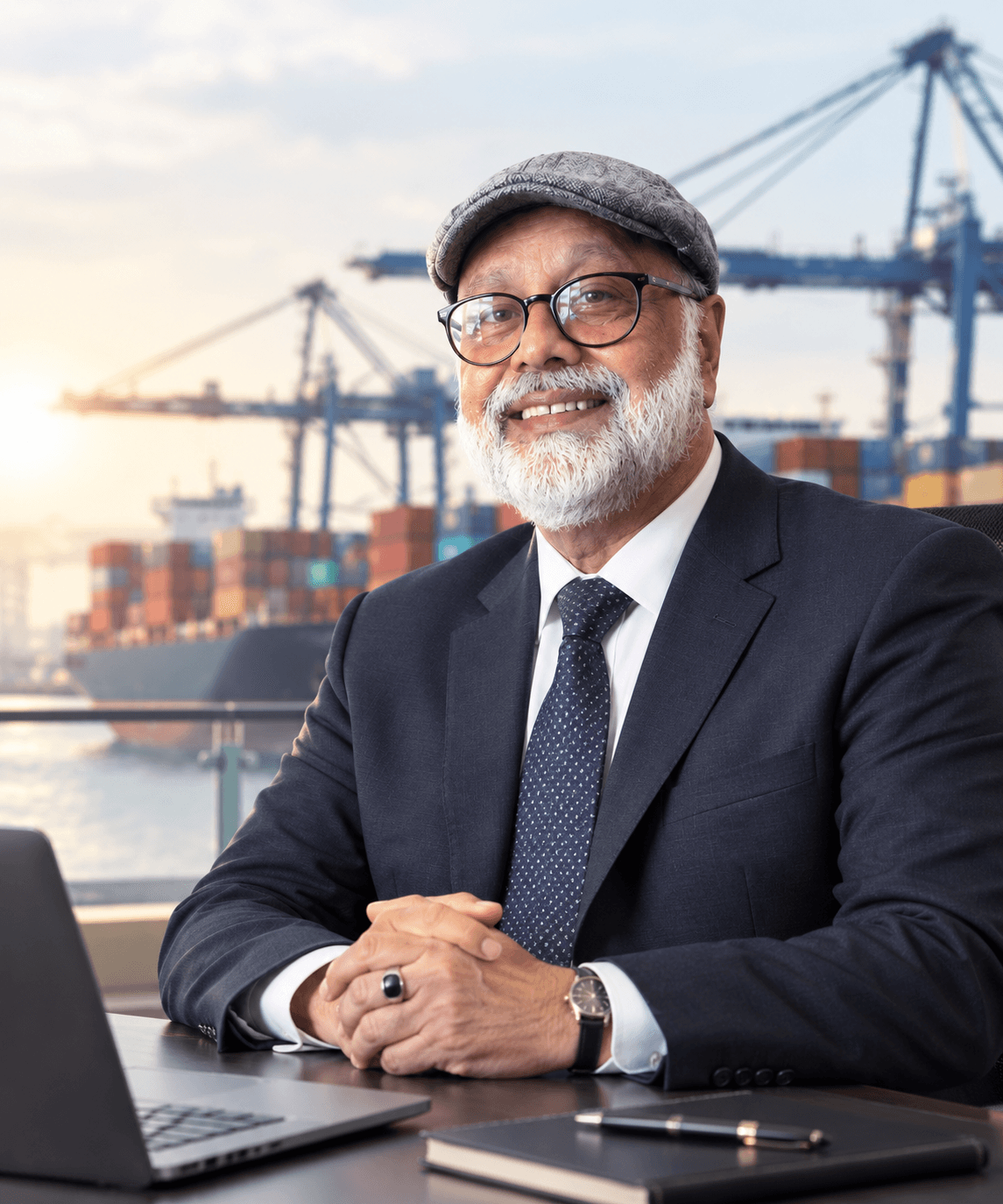 Professional man with white beard and flat cap sitting before a busy container shipping port.