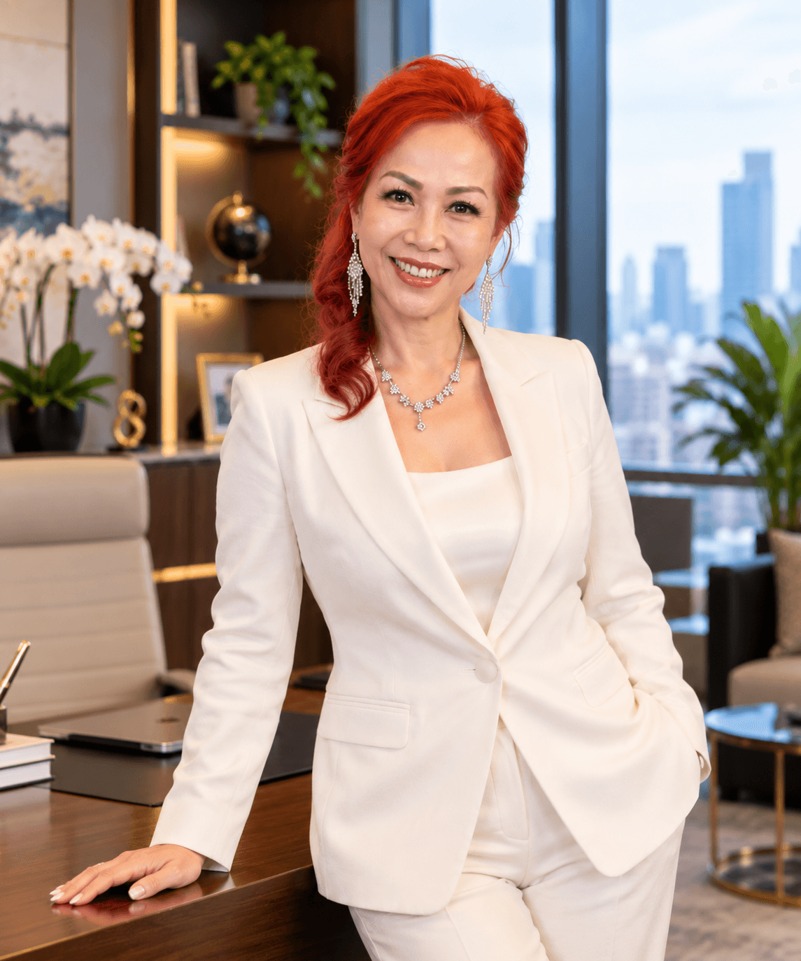 Smiling woman with bright red hair wearing a white suit in a modern office setting.